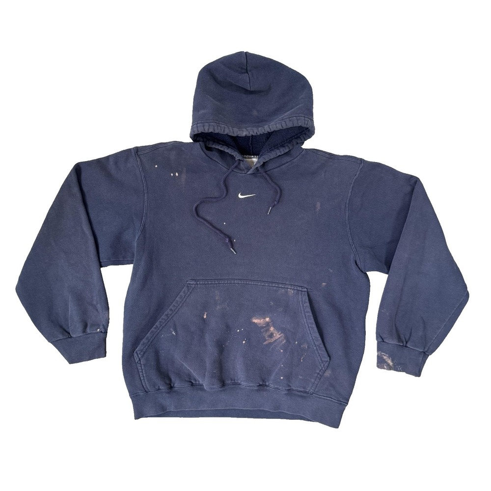 Vintage Nike Hoodie Mens Medium Blue Fleece Pullover Center Swoosh Made USA 90s